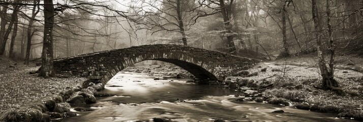 A black and white photo of a stone bridge in the woods, AI