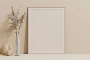 A mock-up of a blank canvas framed and flanked by elegant vases and simple foliage, ideal for interior design showcases.