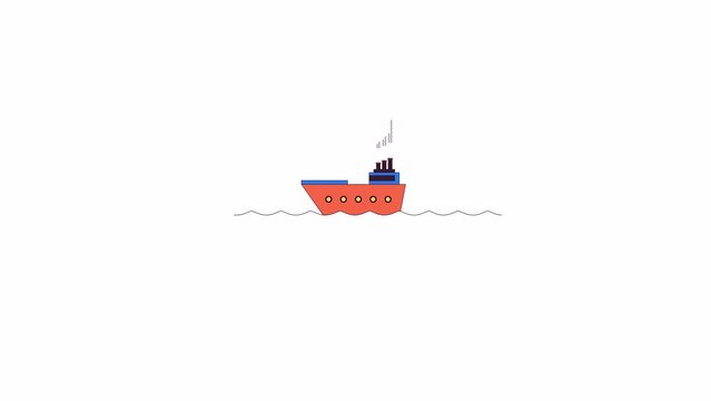 Ship sailing in water line 2D object animation. Cargo and passenger watercraft industry flat color cartoon 4K video, alpha channel. Marine vessel journey animated item on white background