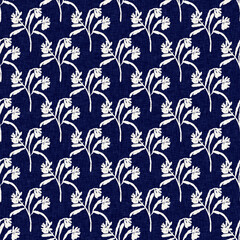 Indigo denim blue leaf motif seamless pattern. Japanese dye batik fabric style effect print background swatch.  - 788241819