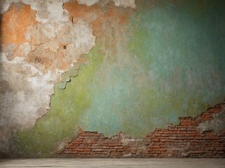 Wall, showing signs of age, wear, stands as focal point of this image; its once vibrant paint now peeling, faded, revealing raw, rustic bricks beneath. - obrazy, fototapety, plakaty