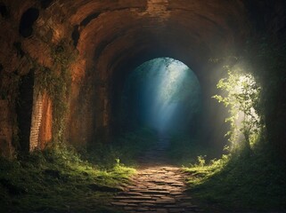 Sunlight pierces through opening of ancient, brick tunnel, illuminating path paved with old, worn stones. Walls of tunnel covered in moss, vegetation, giving sense of age, abandonment. - obrazy, fototapety, plakaty