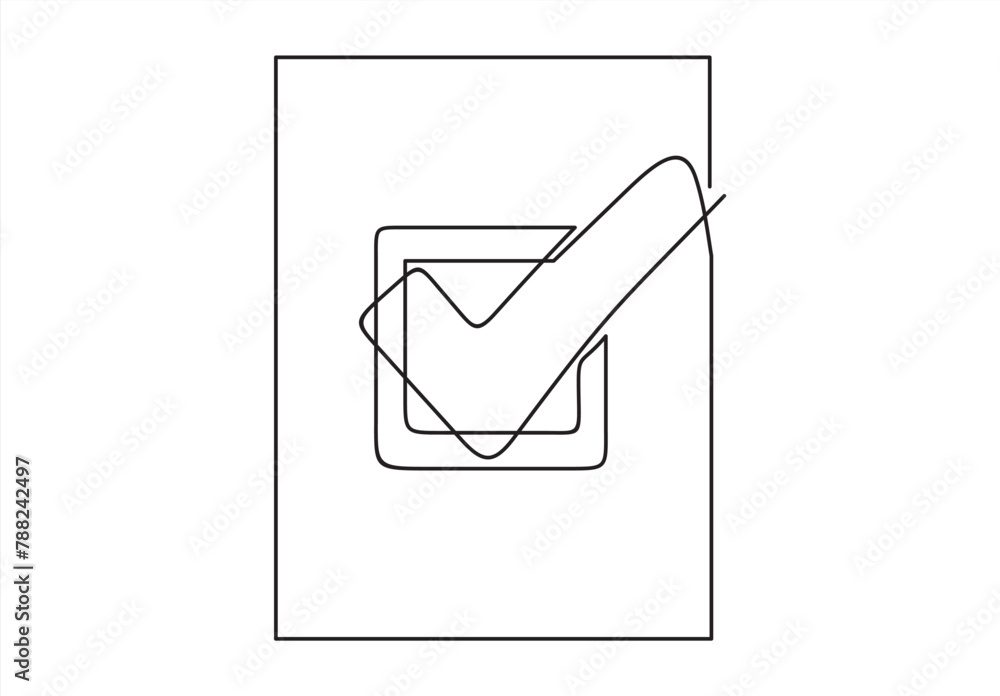 Poster single continuous line check icon silhouette. approved test correct right element concept design.