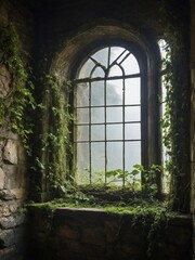 Gothic-style arched window, encased within stone wall, overtaken by relentless advance of nature as vines, moss claim their territory. Window, though still structurally intact.