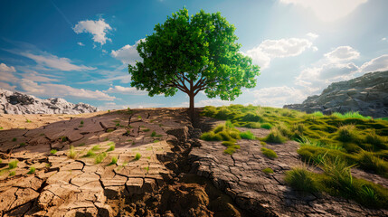 The concept of climate has changed. Dry cracked land with a single tree. - obrazy, fototapety, plakaty