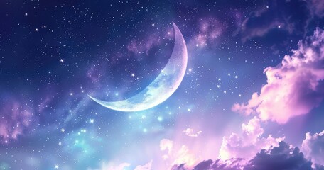 Pastel Dreams Crescent Moon and Stars at Dusk
