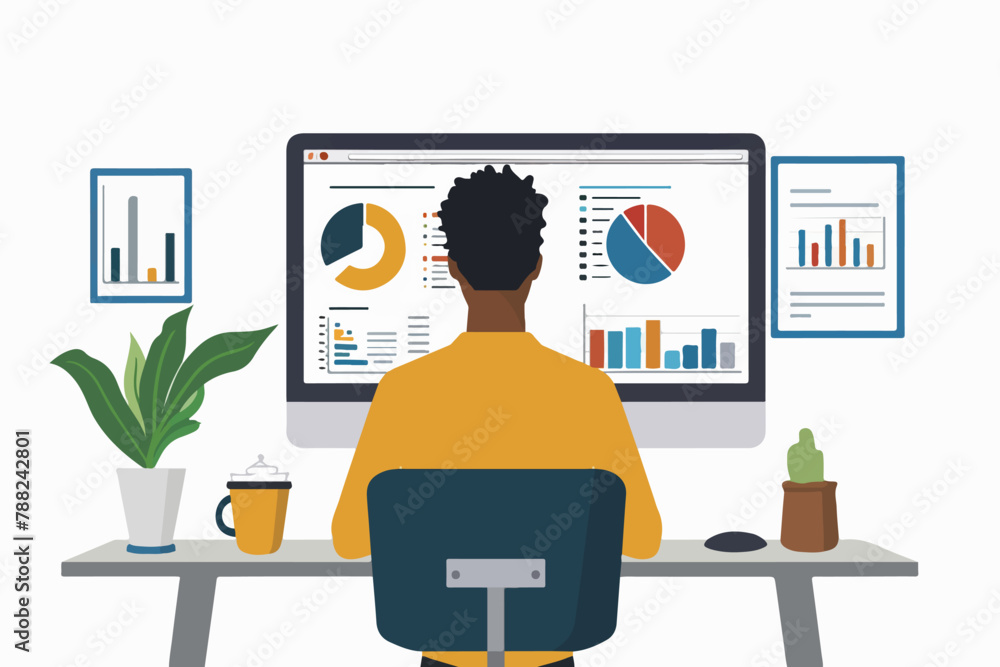 Fototapete illustration of a man working on computer with graphics and tables in vector