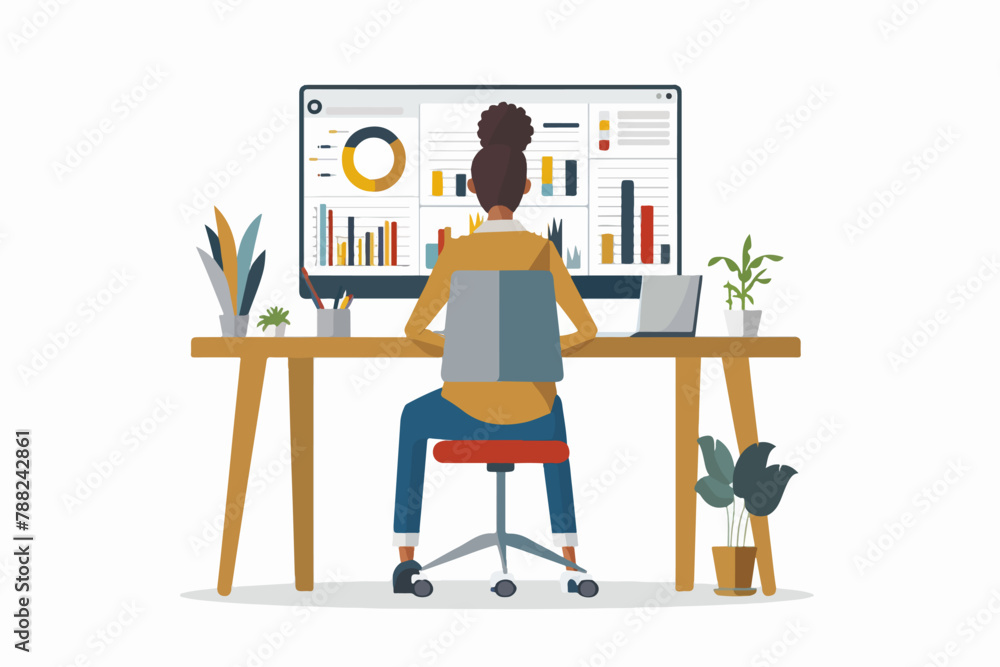 Poster illustration of a woman working on computer with graphics and tables in vector