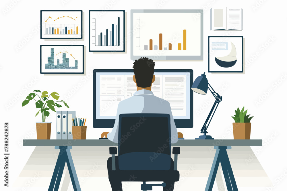 Fototapete illustration of a man working on computer with graphics and tables in vector