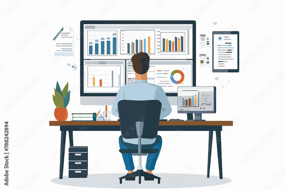 Poster illustration of a man working on computer with graphics and tables in vector