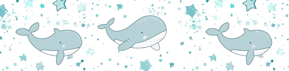Selbstklebende Fototapete Wal Whimsical Whales and Stars: An Undersea Adventure in Blues - Generative AI