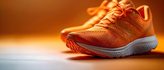 Orange Men's Running Shoes on Gradient Background with Room for Text. Concept Men's Fashion, Running Shoes, Gradient Background, Product Photography, Text Space - obrazy, fototapety, plakaty