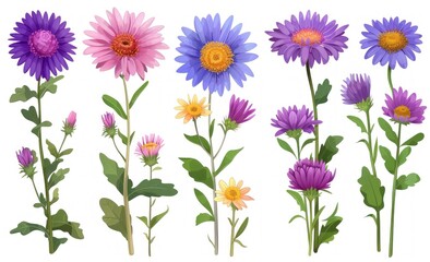 Charming Vector Illustration of Purple and Pink Asters - Generative AI - obrazy, fototapety, plakaty