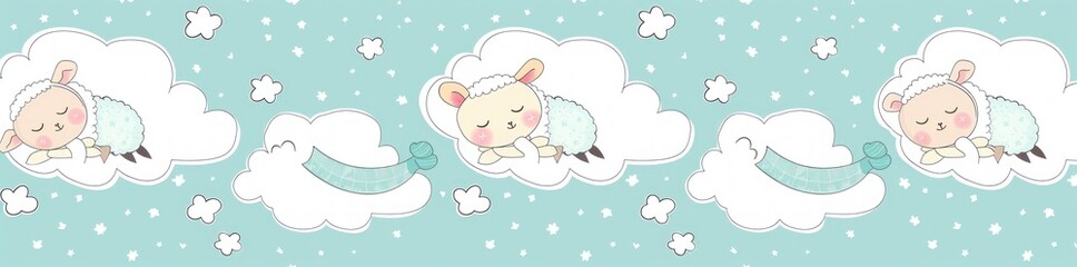 Slumbering Cartoon Sheep on Fluffy Clouds in Starry Dreamscape - Generative AI