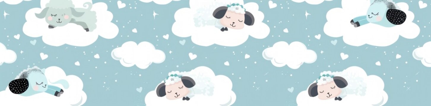 Slumbering Cartoon Sheep on Fluffy Clouds in Starry Dreamscape - Generative AI