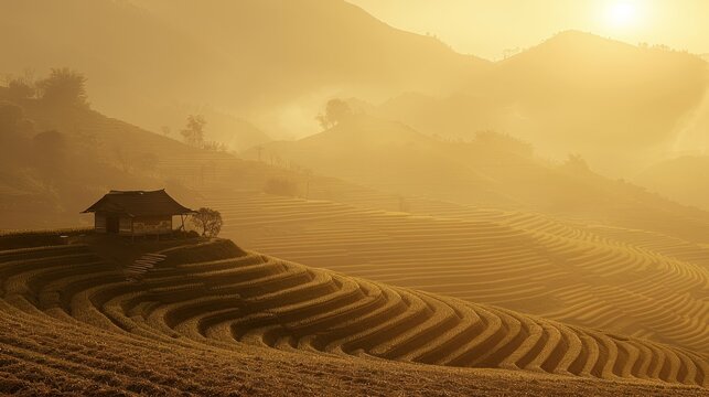 Breathtaking view of terraced rice fields and traditional house in Vietnam