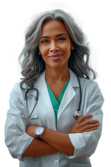 Portrait of a smiling female doctor isolated, radiating confidence with crossed arms, lab coat, stethoscope, and watch. Cut out on a white background. Health care