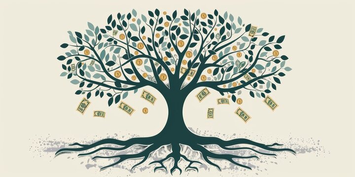 A money tree with a symmetrical trunk and woody branches, resembling money hanging from the twigs. An artistic representation of natures wealth