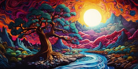 A hyper-realistic depiction of nature in the hydrodip style, where trees, mountains, and rivers are intricately painted with swirling patterns and vibrant colors