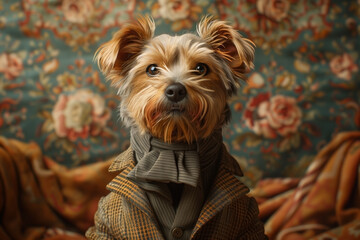 Portrait of a Yorkshire Terrier dog in stylish vintage clothes in a retro interior