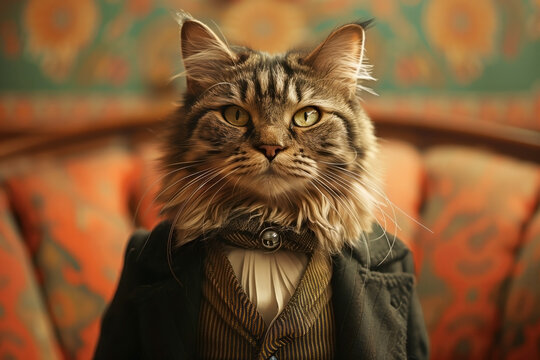 Portrait of a striped grey cat in stylish vintage clothes in a retro interior
