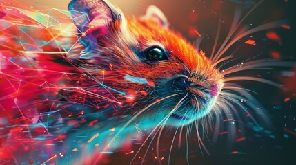 A close up of a colorful rodent with many colored particles, AI