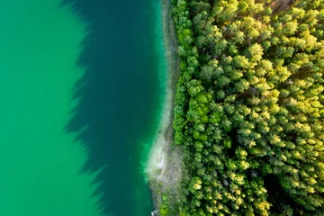  Aerial view of beautiful green waters of lake Gela. Birds eye view of scenic emerald lake surrounded by pine forests. Clouds reflecting in Gela lake, Lithuania. © MNStudio