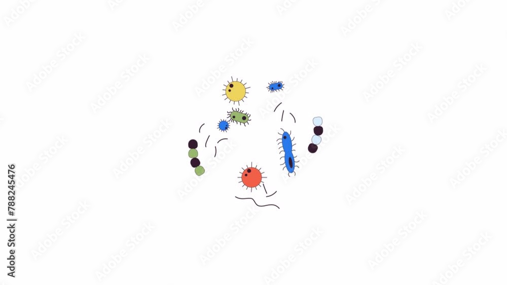 Poster various microorganisms colony line 2d objects animation. microbiology science flat color cartoon 4k 