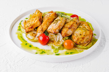 Grilled chicken breast with roasted vegetables plate