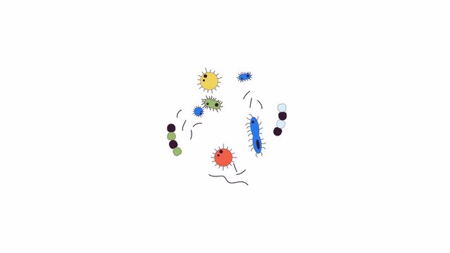 Various microorganisms colony line 2D objects animation. Microbiology science flat color cartoon 4K video, alpha channel. Bacterium researching in laboratory animated items on white background