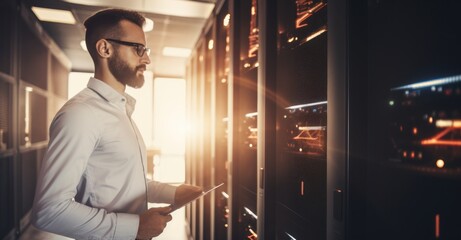 An IT specialist configuring and implementing disaster recovery plans and backup strategies in a server room, surrounded by racks of equipment and glowing screens