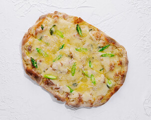 Gourmet asparagus pizza on white background