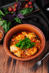 Hearty chicken stew in ceramic bowl