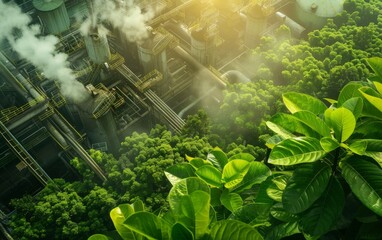 Green factory industry for good environment ozone air low carbon footprint production concept - obrazy, fototapety, plakaty