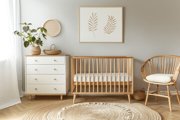 A nursery with light gray walls, a bamboo chair, a wooden crib, a white wooden dresser near the window with white curtains, a round jute rug on the floor, and a framed horizontal art mockup above.