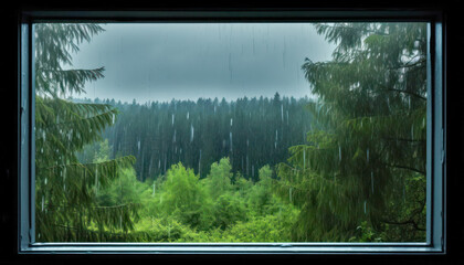 view from the window to the rainy forest, rainy day, beautiful view, back