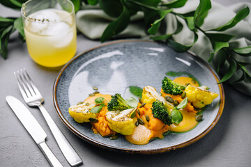 Gourmet vegetarian meal on elegant table setting