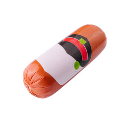 Sealed packaged hot dog sausage isolated on white - obrazy, fototapety, plakaty