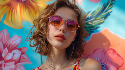 A retro-style woman exuding vintage charm while posing against a vibrant floral wall art.