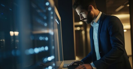 An IT specialist configuring and implementing disaster recovery plans and backup strategies in a server room, surrounded by racks of equipment and glowing screens