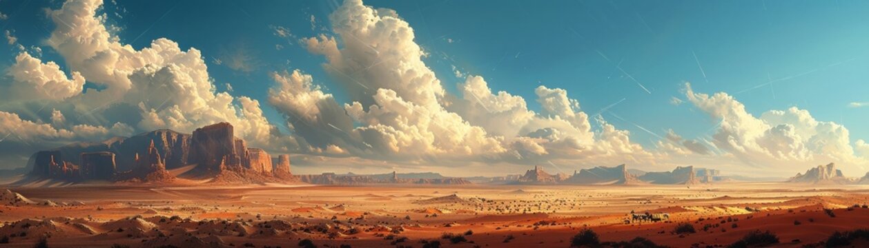 Arid landscapes with ancient caravans, a journey through time, endless skies 