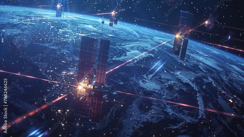 Poster a network of satellites communicating via laser light, creating a global web of information exchange