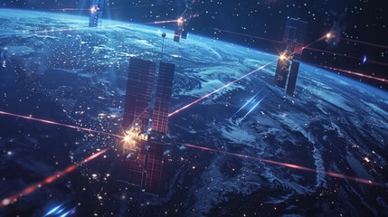 A network of satellites communicating via laser light, creating a global web of information exchange.