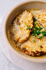 Homemade french onion soup with melted cheese