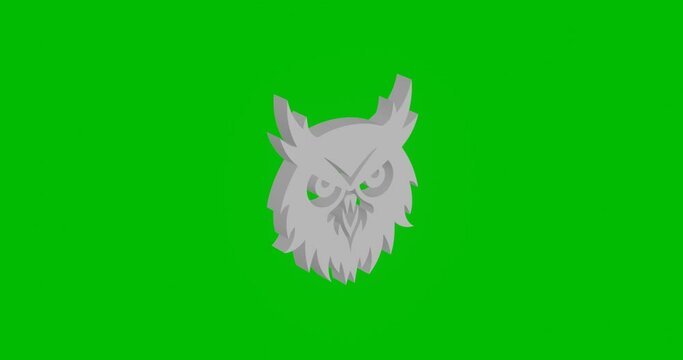 Animation of rotation of a white owl head symbol with shadow. Simple and complex rotation. Seamless looped 4k animation on green chroma key background