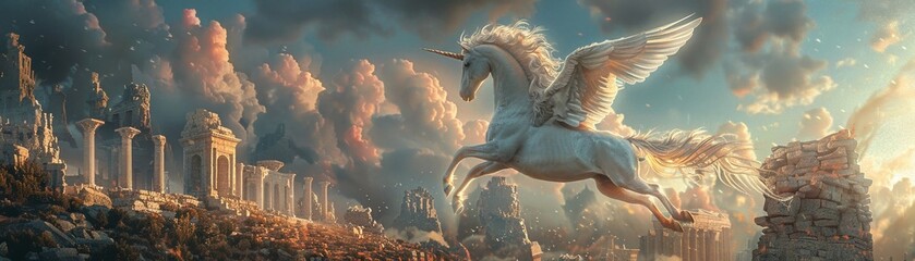 Pegasus soaring above ancient ruins, a blend of myth and history, twilight magic - obrazy, fototapety, plakaty