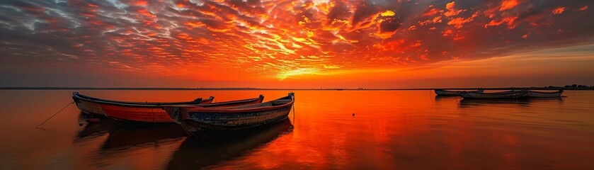 Red Sky at dawn, fishermen preparing their boats, a serene start, timeless beauty