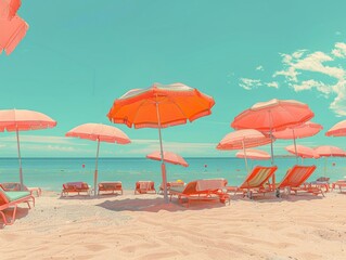 Relaxing at a retro beach resort, vintage umbrellas, and sun loungers, timeless summer
