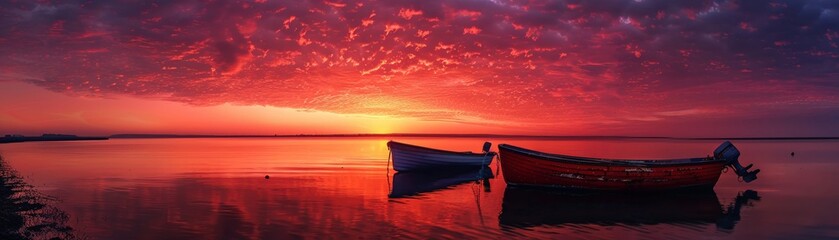 Red Sky at dawn, fishermen preparing their boats, a serene start, timeless beauty