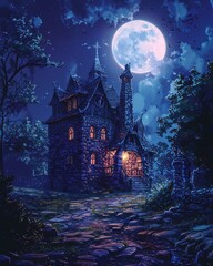 Retro horror scene, a haunted mansion under a full moon, suspense in the air 
